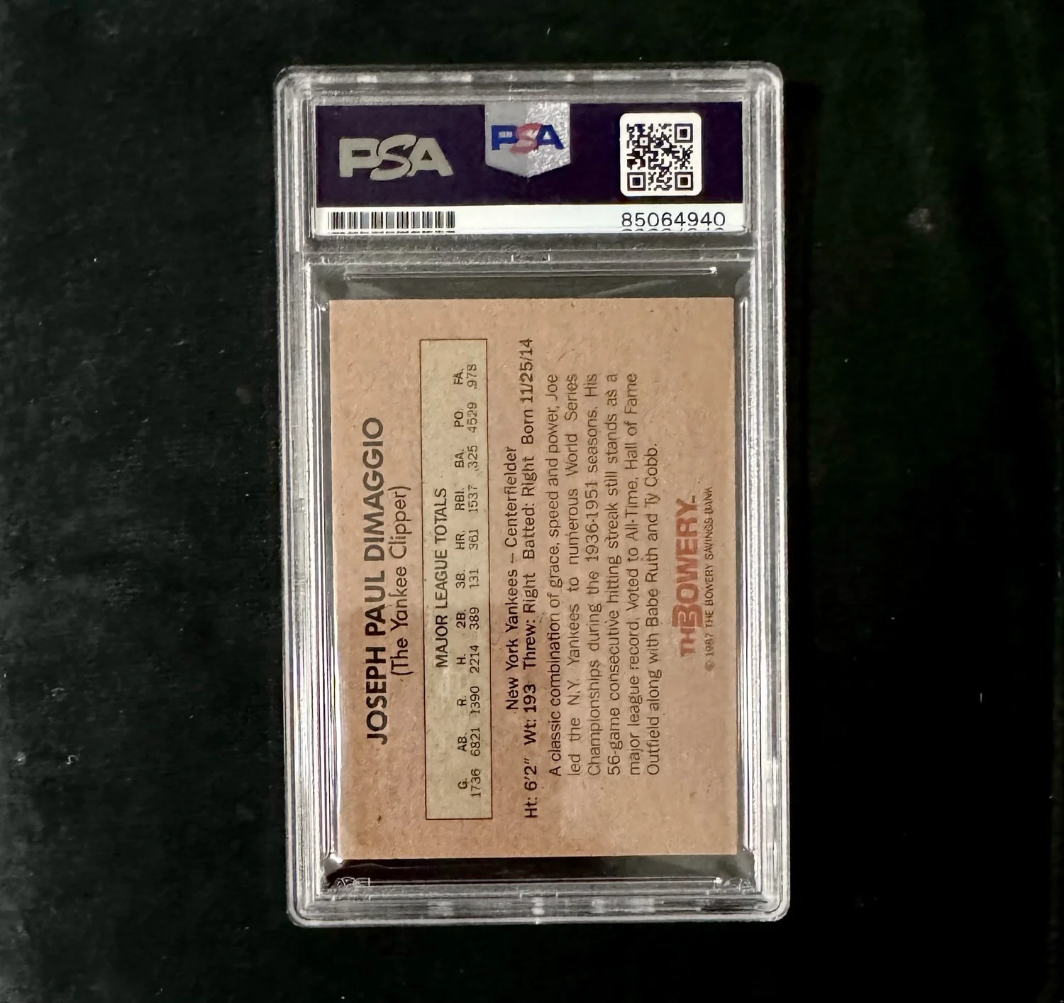 Joe DiMaggio Signed 1987 Bowery Savings Bank Baseball Card. PSA